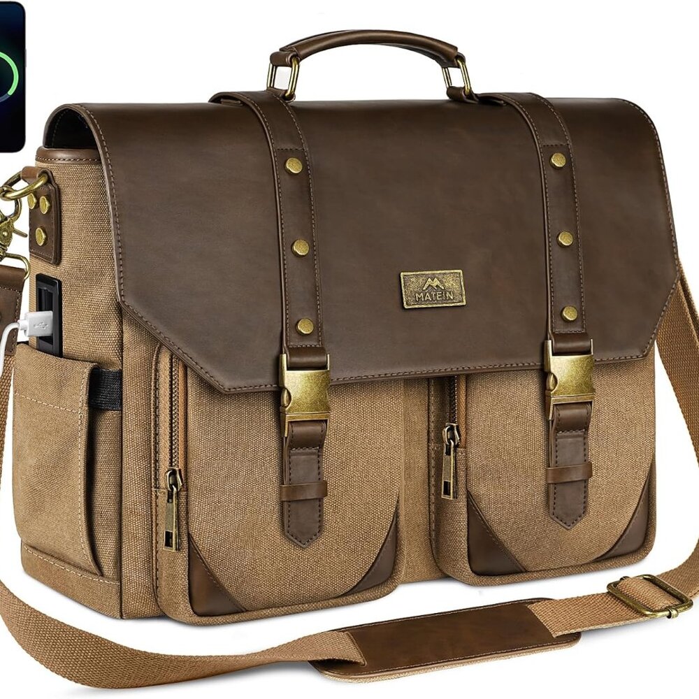 Vintage Messenger Bag With Usb Charging Port & Rfid Blocking Pocket, 15.6 Inch L
